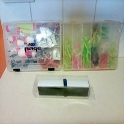 2 BOXES OF PREDATOR LURES AND TACKLE PLUS MEASURING MAT