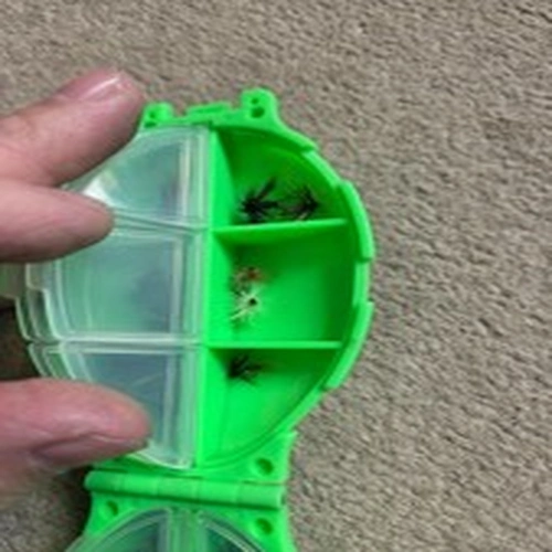 Turtle Fishing Tackle Box 12 Compartments with selection of used flies