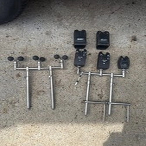Delkim fishing bite alarms and stainless steel bank sticks or a rod pod system.