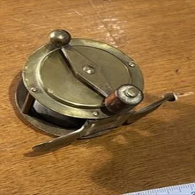 Vintage Small Brass Fishing Reel with Ratchet. Unmarked Wooden Handle AD