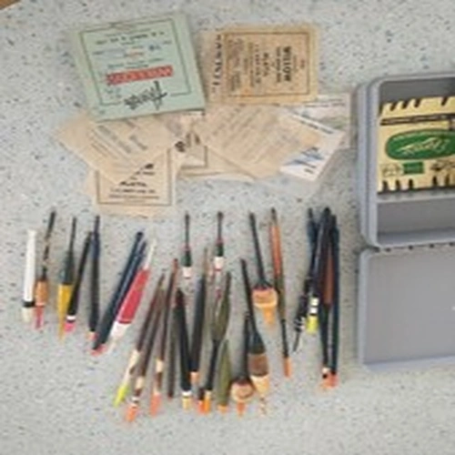 Vintage Fishing Tackle Box with Floats and Hooks