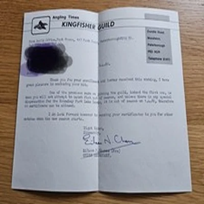 Vintage Angling Times Kingfisher Guild documentation and membership badge 1980