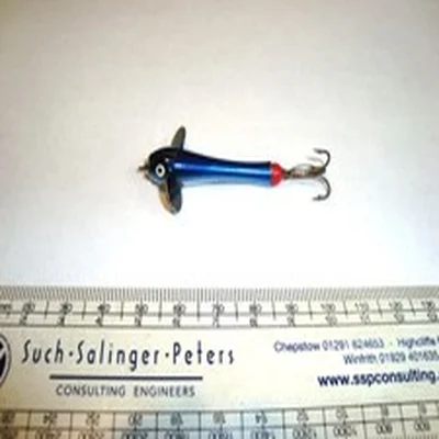 Vintage fishing Helical Reg.77005 minnow fishing lure & mount.Blue & silver lure