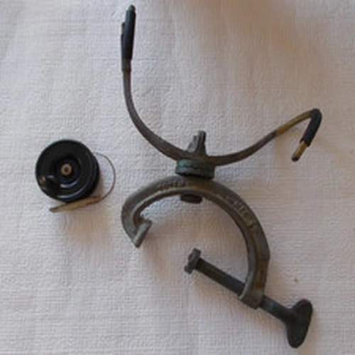 Vintage Bakelite Fishing Reel 5cms, and Brass Rod Clamp