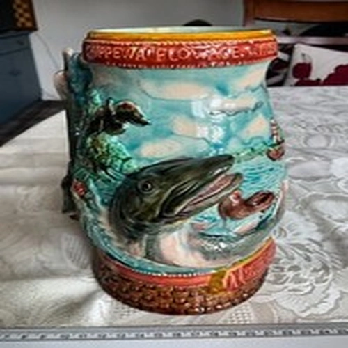 1949 Chippewa Flowage Majolica Tankard - Louis Spray world record muskie! VGC