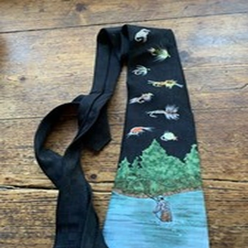 Vintage Men’s Tie Fly Fishing Print Silk Maroon Retro Style