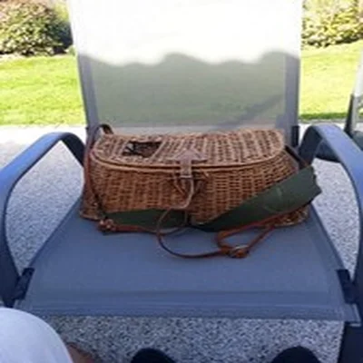 Vintage Wicker fishing Creel With Canvas And Leather Strap