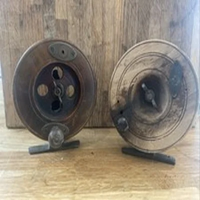 2 Antique Fishing Reels. Wood And Brass 4.5” Diameter