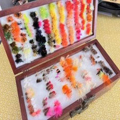 Huge wooden  Box Of Trout Fishing Flies lures blobs nymphs etc 