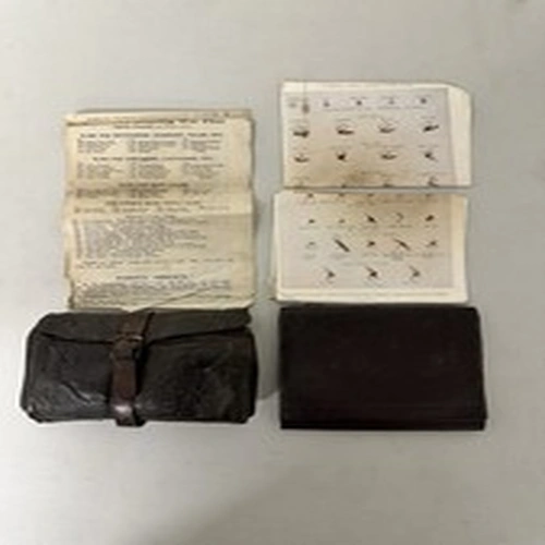 Two Vintage Leather Fly Fishing Pouches . With Odd Hooks And Paper Work. 
