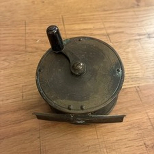 VINTAGE SMALL BRASS FISHING REEL .