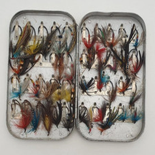 RICHARD WHEATLEY Fly Fishing Box c1950 + traditional hand tied salmon flies