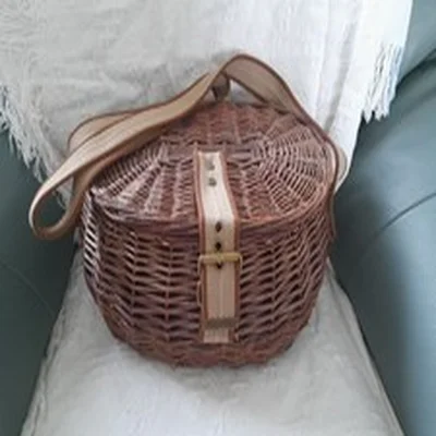 FISHING CREEL basket,Hazel wicker,Canvas Handle,buckle,Fish Tackle,picnic HAMPER