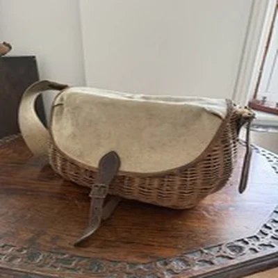 Vintage Fishing Bag Basket Creel wicker Canvas Brady/Conway Leather gear items