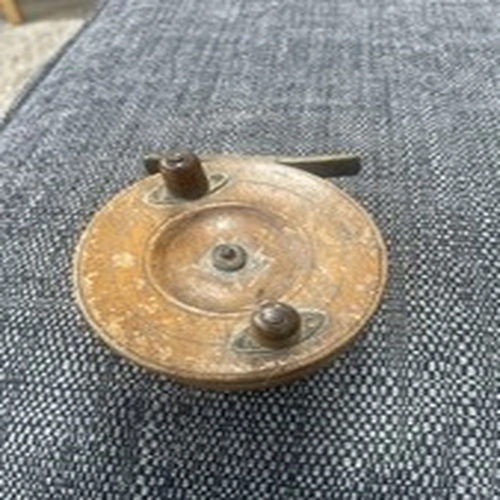 Antique Centerpin Wooden Fishing Reel Brass Inlay 3.1/2 Inches