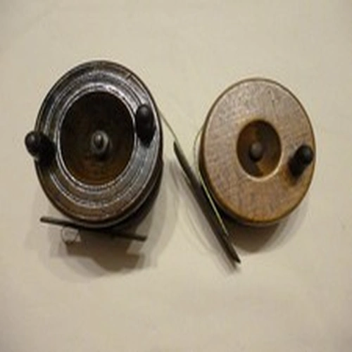2 small vintage wood and brass fishing reels