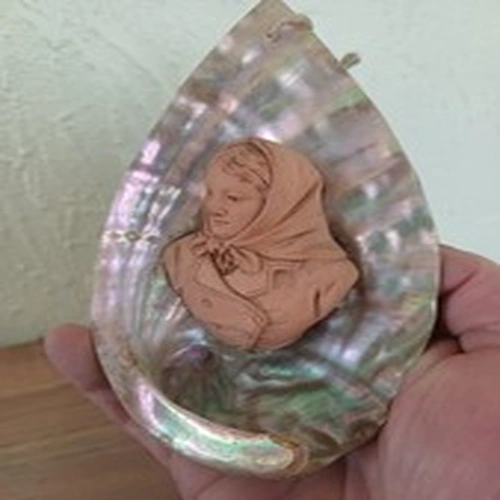 Antique Italian Terracotta Fishermans Wife on Mother of Pearl / Abalone Shell