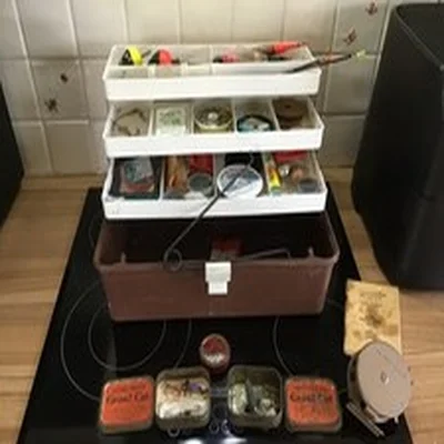 Vintage old fly reel fishing tackle assortment floats tobacco tins JOB LOT