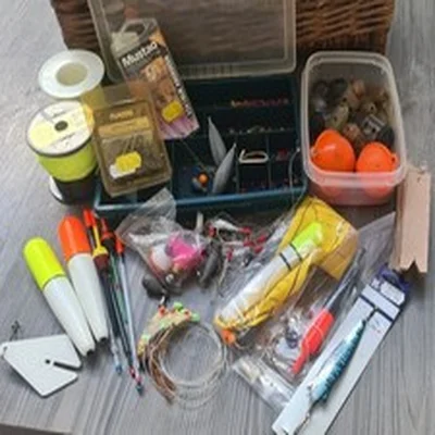 Assortment of fishing weights, bait. floats etc, sea / river fishing, reel, box 