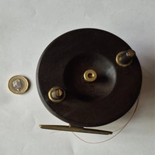 Vintage Wood and Brass Centerpin Fishing Reel with 10cm Spool.