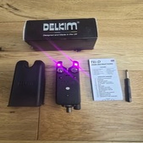 Boxed Delkim TXI-D Purple led Bite Alarm with case carp tackle setup.