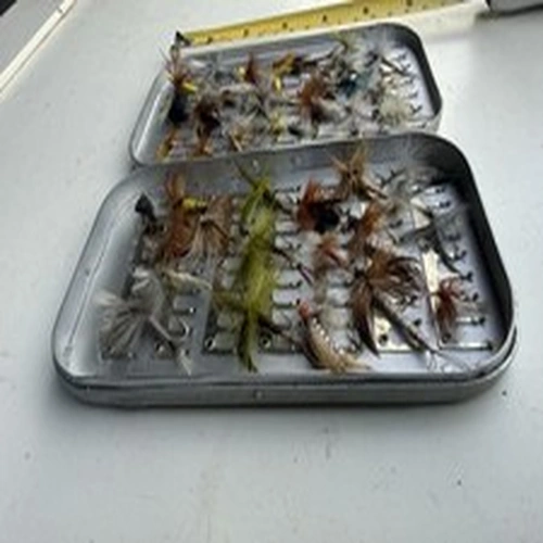 A vintage Richard Wheatley fly box with dry flies.