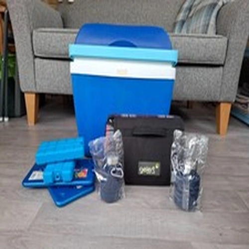 Thermos cool box, Gelert picnic blanket, Ice blocks and 2 water bottles.