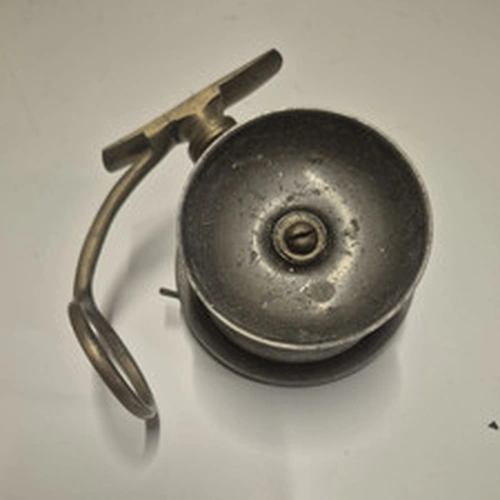 mallochs Vintage Silver Metal Fishing Reel with Foot Mount and Crank Handle