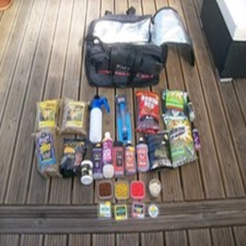 fishing bait job lot & preston monster bait bag & pellet pump & bait sprayer
