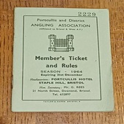 Portcullis District Angling Association Ticket,  1964 Bristol.