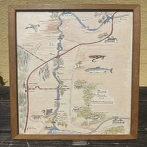 SUPERB 19thC GLAZED WATERCOLOUR: MAP of RIVER ALINE SALMON FISHING RIVER c1890s