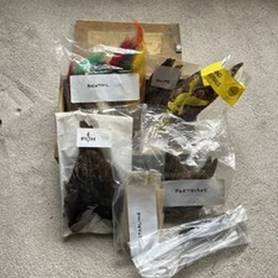 Selection Of Feathers and Tails For Fly Tying With Wooden Box