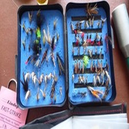 Fishing Fies in pocket case plus Trout Priest and other items, line, hooks etc