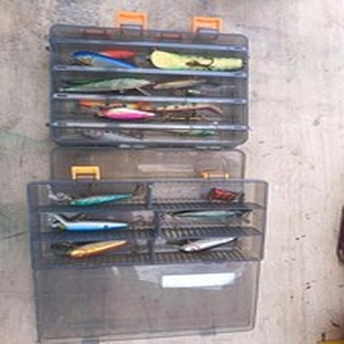 lure box and lures with variety of both plastic and metal lures for perch /pike