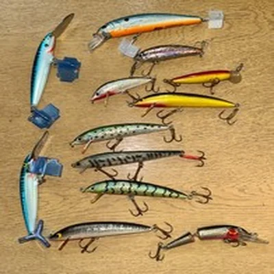 A COLLECTION OF 12  LURES INC ABU TORMENTOR, RAPALA MAGNUM- FLOAT + SINK