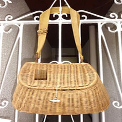 LOVELY LITTLE VINTAGE WICKER CREEL TROUT SIZE,  LEATHER & CANVAS SHOULDER STRAP.