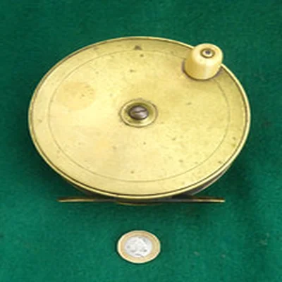 LATE 1800s 4.5" SOLID BRASS CENTREPIN REEL. A REAL BEAST AT NEARLY 2 LBS. SUPERB