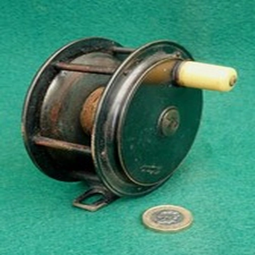 C. LATE 1800's 4" SALMON FLY REEL. "H.MOORE, LIVERPOOL". A REAL BEAST @ 0.5 KG.