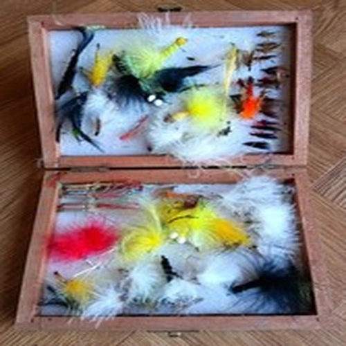 Vintage Wooden Box Of Fly Fishing Flies Trout Lures ? Job Lot As Photos