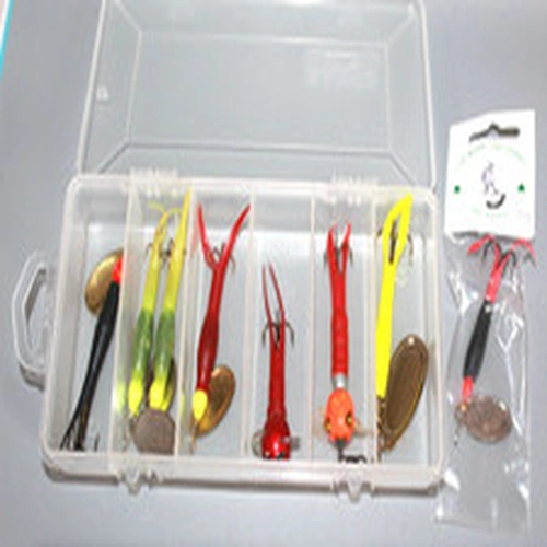 8 RUBBER TAIL FISHING SPINNERS & IRISH RUBBER TAIL SPINNER & BAHCO LURE BOX