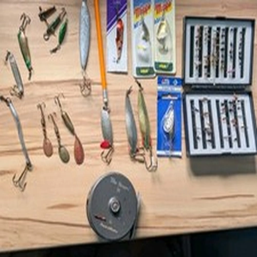 Vintage Fishing Tackle Bundle, Sharpes of Aberdeen The Gordon Reel,Flies, Lures
