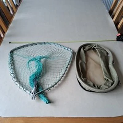 Folding Aluminium landing net head, and fly fishing line tray