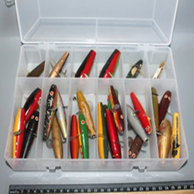 JOB LOT SPINNERS /DEVON MINNOWS MOSTLY WOODEN SOME CHUBBY IN LURE BOX