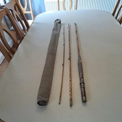 Vintage flamed bamboo fishing rod 10 ft 3 pieces with original bag