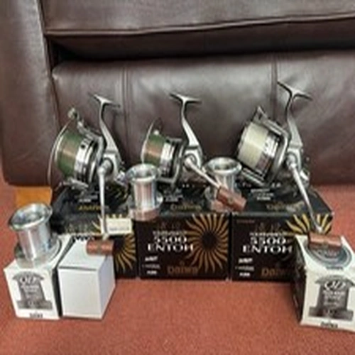 3x Daiwa Tournament Entoh 5500QD Carp Fishing Reels & 3x unused spare spools. 