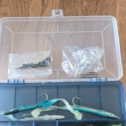 Shakespeare Hard Case Plastic Tackle Box Clear/Blue 10 Pockets w/ Lures & Hooks