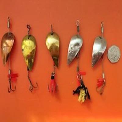 FIVE VINTAGE LARGE VIBRO SPINNERS/LURES - USED