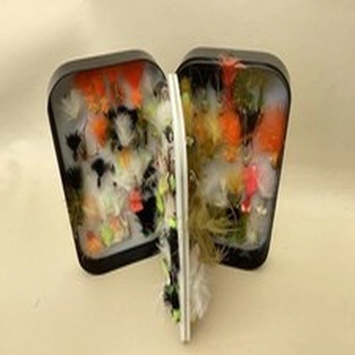 BOX #28 - RICHARD WHEATLEY TIN OF FISHING FLIES - APPROX 140 MIXED