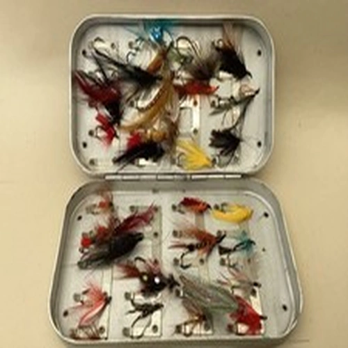 BOX #26 - RICHARD WHEATLEY TIN OF FISHING FLIES - APPROX 30 MIXED