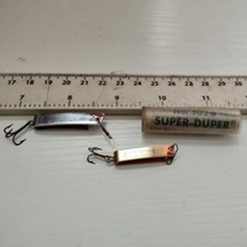2×VINTAGE,SOUTH BEND- SUPER DUPER 503S & 502 G-TROUT FISHING SPOON LURES